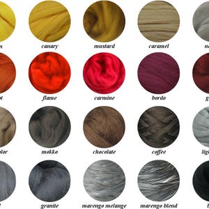 May include: A color chart of 20 different wool colors, including lemon, canary, mustard, caramel, naturel, carrot, flame, carmine, bordo, garnet, flesh color, mokko, chocolate, coffee, light gray, steel, granite, marengo melange, marengo blend, and black.