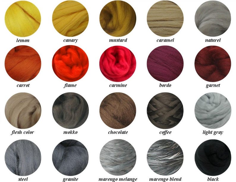May include: A color chart of 20 different wool colors, including lemon, canary, mustard, caramel, naturel, carrot, flame, carmine, bordo, garnet, flesh color, mokko, chocolate, coffee, light gray, steel, granite, marengo melange, marengo blend, and black.