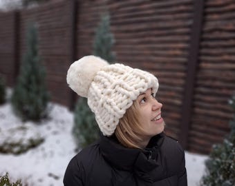 Merino Wool Pom Pom Hat, Chunky Knit Beanie