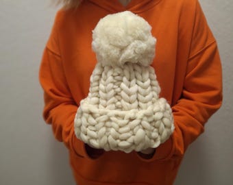 Big pompom hat, Chunky Knit Merino Wool Pom Beanie, Handmade Winter Hat