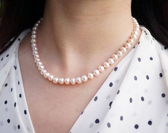 Pink Pearl Necklaces, freshwater Cultured Pearls, Wedding Bridal Necklace, Bridesmaid Necklace, Freshwater Pearls, pearl Bead Strands