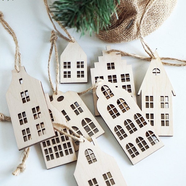 Wooden Christmas tree decorations - SCANDINAVIAN HOUSES - set of 8 - scandinavian style