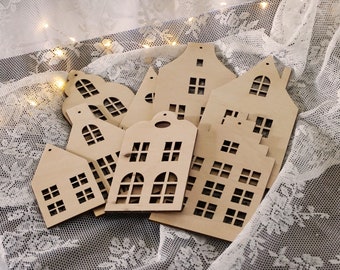 Wooden Christmas tree decorations - BIG SCANDINAVIAN HOUSES - set of 8 - scandinavian style