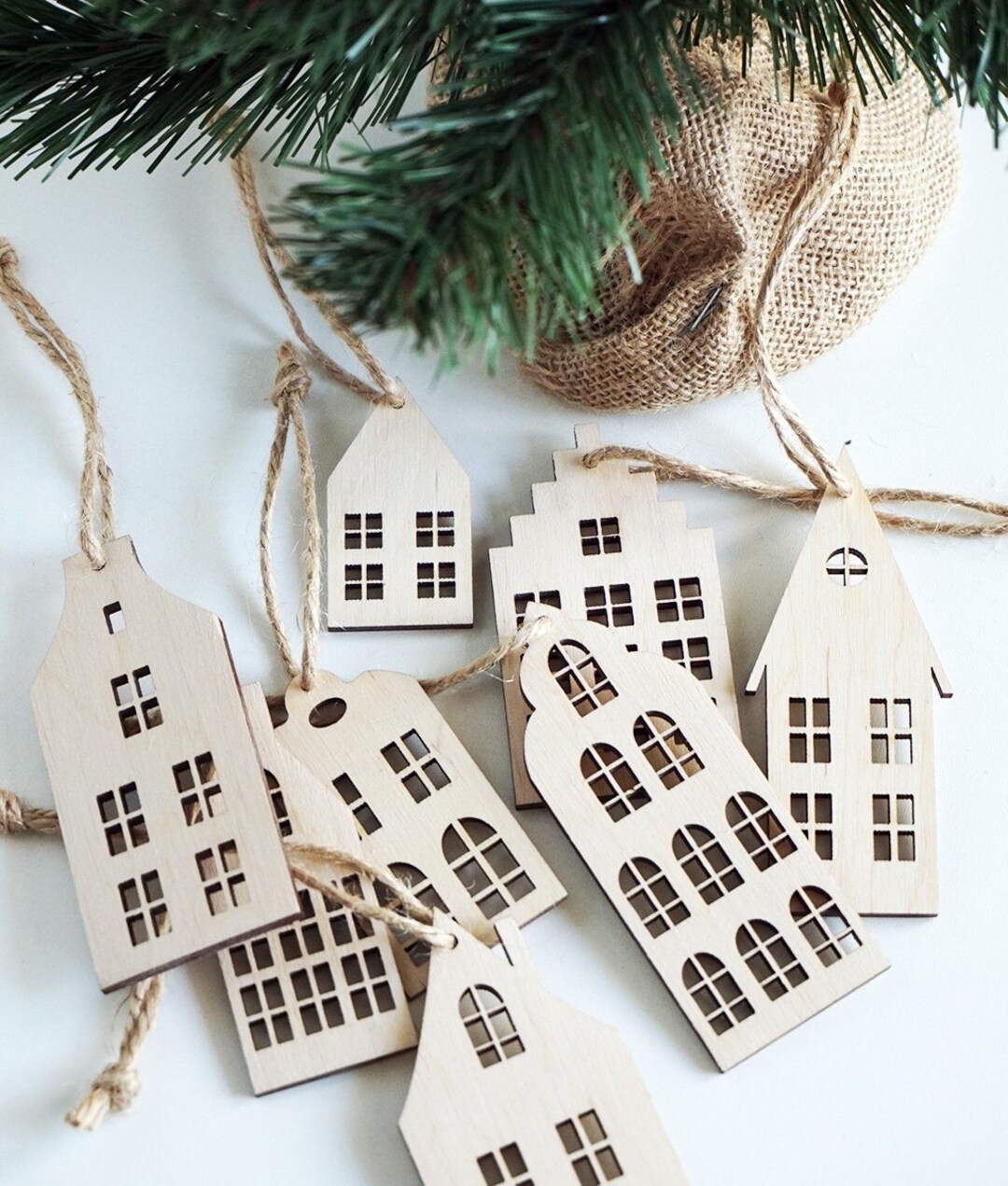 Wooden Christmas Tree Decorations SCANDINAVIAN HOUSES Set of 8