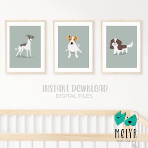 Set aus 3 Drucken. Geschenk für neues Baby. Hundeposter fürs Kinderzimmer. Hunde-Themen-Kinderzimmer. Set aus 3 Drucken Tiere. Drucke für Kinderzimmer Mädchen.