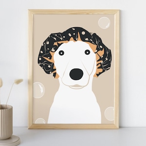 Dog Grooming Drawing. Print Ready Artwork for Groomer&#39;s Salon. Dog Salon Wall Decor. Pet Grooming Salon Wall Art. Dog with Shower Cap Poster