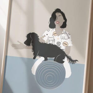 May include: Illustration of a woman with short dark hair and a dog on a blue exercise ball. The woman wears a white shirt with cat and dog graphics. The dog is black and fluffy. The background is a light beige and blue.