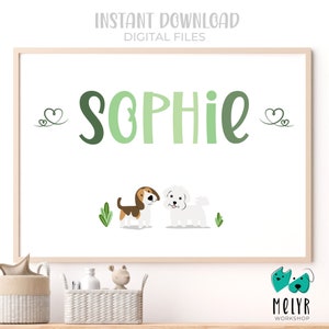 Personalized Baby Name Print with Dogs – Custom Nursery Wall Art for Girls – Printable Puppy Name Sign for Kids Room Decor