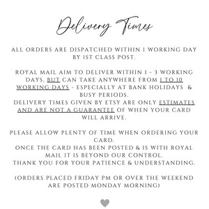 May include: A white card with the words "Delivery Times" in elegant script. The text provides information about order dispatch and delivery times, including potential delays during holidays and busy periods. A small heart is at the bottom of the card.