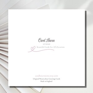 May include: A white greeting card featuring the text "Card Haven STORE Beautiful Cards For All Occasions" in a graceful script. The card also displays the website cardhavenstore.etsy.com and the text "Original Watercolour Greetings Cards Made in England."