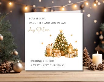 Personalised Daughter & Son-in-Law Christmas Card, Watercolour Gold Design