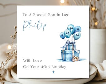 Son In Law Birthday Card, Blue Watercolour Design, Any Age (40th, 50th, 60th, 70th)