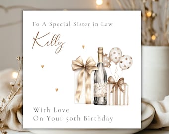 Sister In Law Birthday Card for 30th, 40th, 50th, 60th, 70th ANY AGE Sister In Law Card, Watercolour Female Birthday Personalised Card