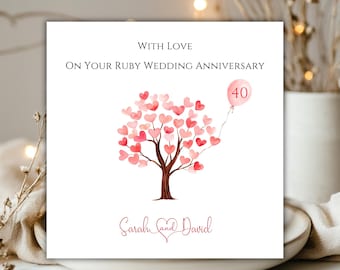 Ruby Wedding Anniversary Card 40th Wedding Anniversary Card Ruby Personalised Wedding Anniversary Card, Tree of Hearts Card