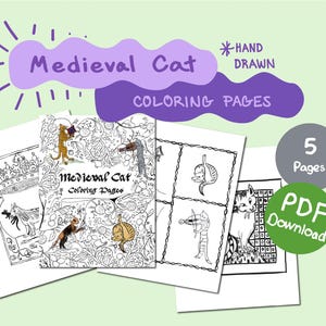 Puede incluir: Cinco páginas para colorear "Medieval Cat" dibujadas a mano, disponibles como descarga PDF. Las ilustraciones representan gatos en escenas medievales. El texto "Medieval Cat Coloring Pages" es visible.
