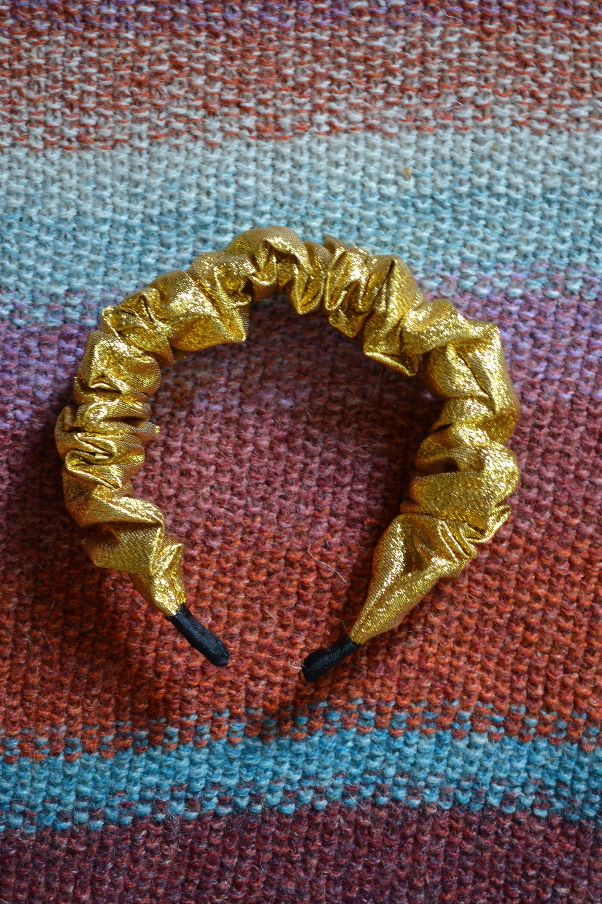 ?Upcycled Gold Squiggle Headband? Upcycled Gold Scrunchie Headband: Funky Maximalist Ruffle  main image 2