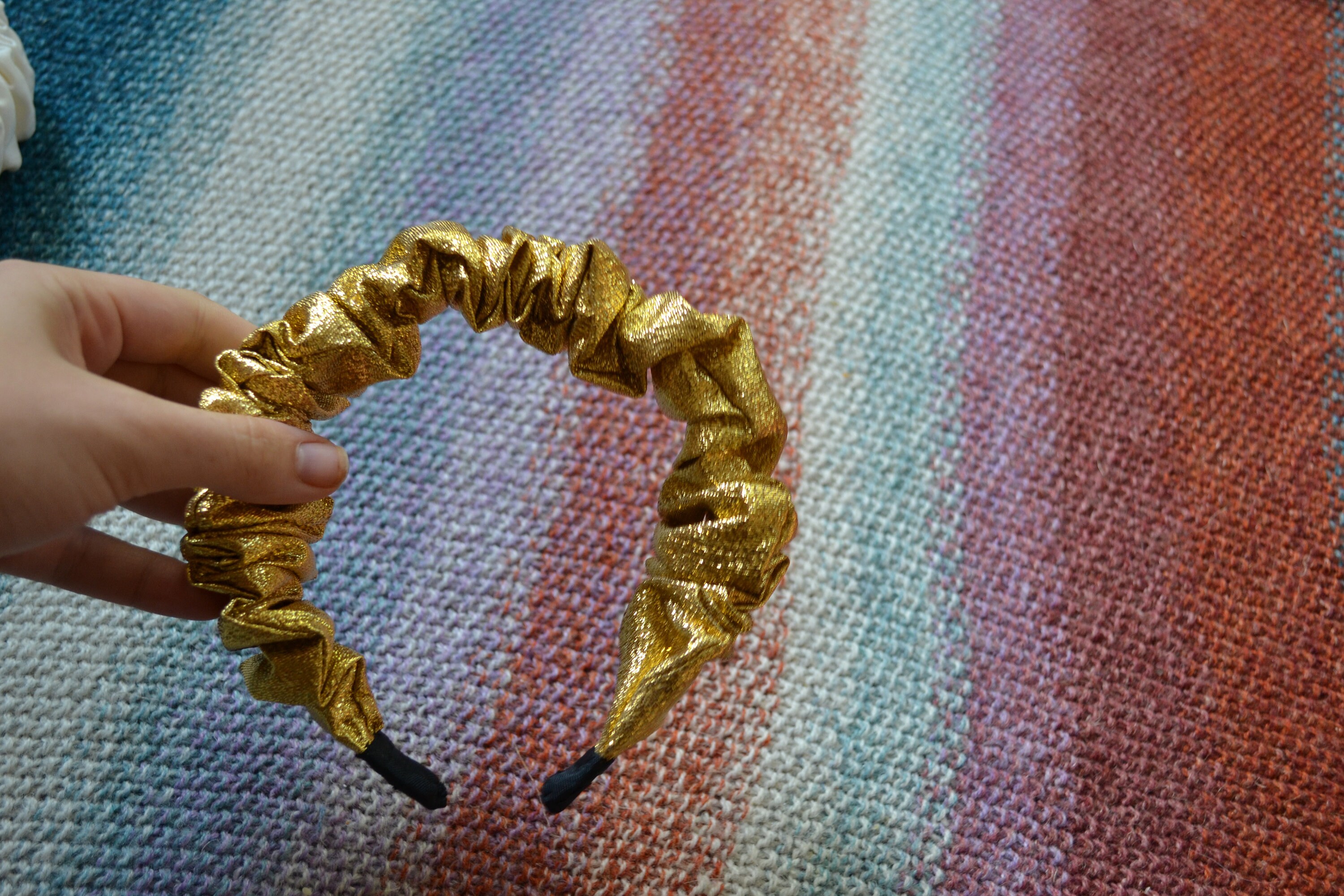 Upcycled Gold Scrunchie Headband: Funky Maximalist Ruffle  display picture 3