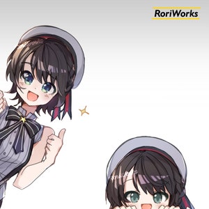 May include: Illustration of a young woman with brown hair wearing a white sailor hat and a striped shirt. She is smiling and giving a thumbs up with both hands. The background is white.