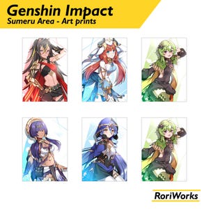 Può includere: Sei stampe d'arte digitale con personaggi del videogioco Genshin Impact. I personaggi sono raffigurati in una varietà di pose ed espressioni, con un focus sui loro design e personalità unici. Le stampe sono tutte su sfondo bianco, con il titolo "Genshin Impact Sumeru Area - Art prints" in alto.