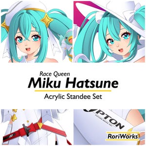 Może przedstawiać: Zestaw figurek akrylowych Race Queen Miku Hatsune z kreskówkową ilustracją młodej kobiety z długimi turkusowymi włosami, która nosi biały kapelusz marynarski i biało-czerwony strój wyścigowy. Zestaw figurek zawiera tekst "Race Queen Miku Hatsune" i "Acrylic Standee Set".