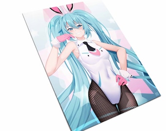May include: A digital illustration of a female anime character with long, turquoise blue hair wearing a white bunny costume with pink accents and black fishnet stockings. The character is smiling and looking at the viewer.