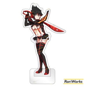 May include: A black and red anime character with long black hair and a red and black outfit holding a red sword. The character is standing on a white base with the text "RoriWorks" on the bottom.