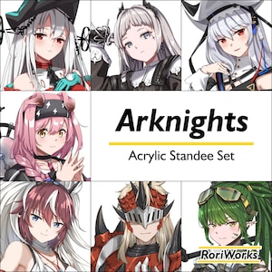 以下が含まれることがあります： アニメスタイルのキャラクターイラストが特徴のアクリルスタンドセット。さまざまな髪型、衣装、表情の個性的なキャラクターが描かれています。「Arknights Acrylic Standee Set」の文字が表示されています。