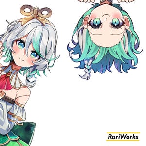 May include: A digital illustration of a young woman with long, white and green hair. She is wearing a green and gold dress with a red bow. The image is in a cartoon style and has a whimsical feel.