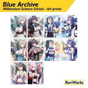 Puede incluir: Un collage de ilustraciones digitales con personajes de estilo anime del juego móvil Blue Archive. Los personajes son todos mujeres y visten diferentes atuendos, incluyendo uniformes escolares, atuendos de sirvienta y ropa casual. Los personajes se encuentran en una variedad de fondos, incluyendo pasillos escolares, cafés y parques. El texto "Blue Archive Millennium Science School - Art prints" está en la parte superior del collage.