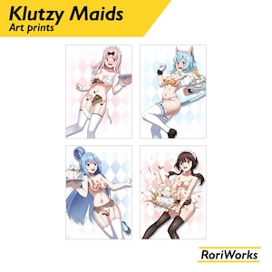 May include: Four art prints featuring anime-style illustrations of female characters in maid outfits. The prints have a white background with pink and blue diamond patterns. The top left print has the text "Klutzy Maids" and "Art prints". The bottom right print has the text "RoriWorks".