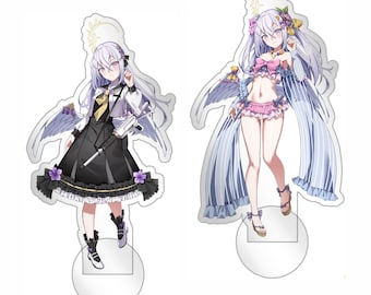 May include: Two acrylic standees featuring anime-style characters with long light purple hair and wings. One character wears a black dress with a rifle, while the other wears a pink and white two-piece outfit. The text RoriWorks is visible.