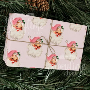 Santa Christmas Wrapping Paper | Pink Christmas Wrapping Paper | Vintage Santa Wrapping Paper | Pink Santa Wrapping Paper