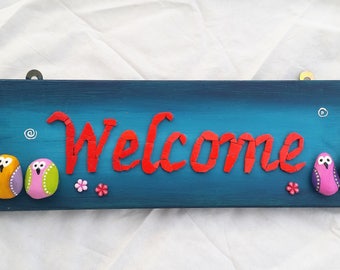 A welcome home sign, mosaic art, Wall art, Home gift. Home decor, Mixed media stained glass beads and pebbles, original.