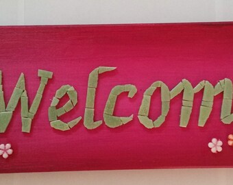 A welcome home sign, mosaic art, Wall art, Home gift. Home decor, Mixed media stained glass beads and pebbles, original.