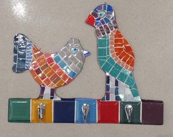 A mosaic keys or clothes hanger, Home gift, Wall art, Mixed media plates china stained glass, original, Home decor,birds.