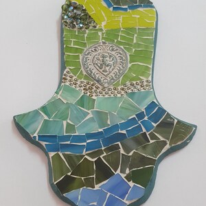 A beautiful handmade mosaic hamsa, Home decor, Wall art, Home gift, Original, Home design, Mixed media stained glass and beads.