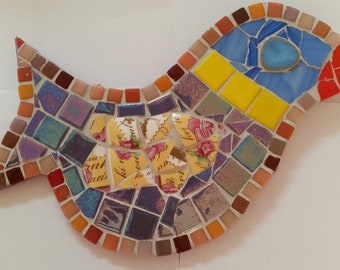 A beautiful ceramic handmade mosaic bird. Wall art, Mixed media stained glass beads and ceramic tiles, home decor, original design.
