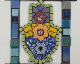 A unique handmade mosaic hamsa picture, Stained glass, Hamsa, Home decor, Wall art, Home gift, Home design, Mixed media.