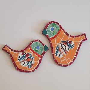 Twin ceramic mosaic birds. handmade birds, Wall art, Mixed media stained glass beads and ceramic tiles, home decor, original design.