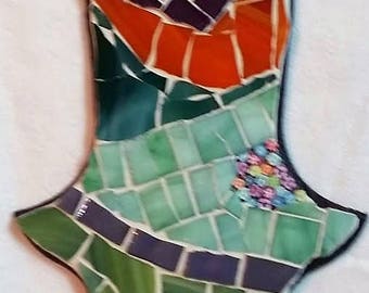 A Handmade mosaic art, hamsa, Home decor, Wall art, Original, Home design, Mixed media with stained glass plates and polymer flowers.