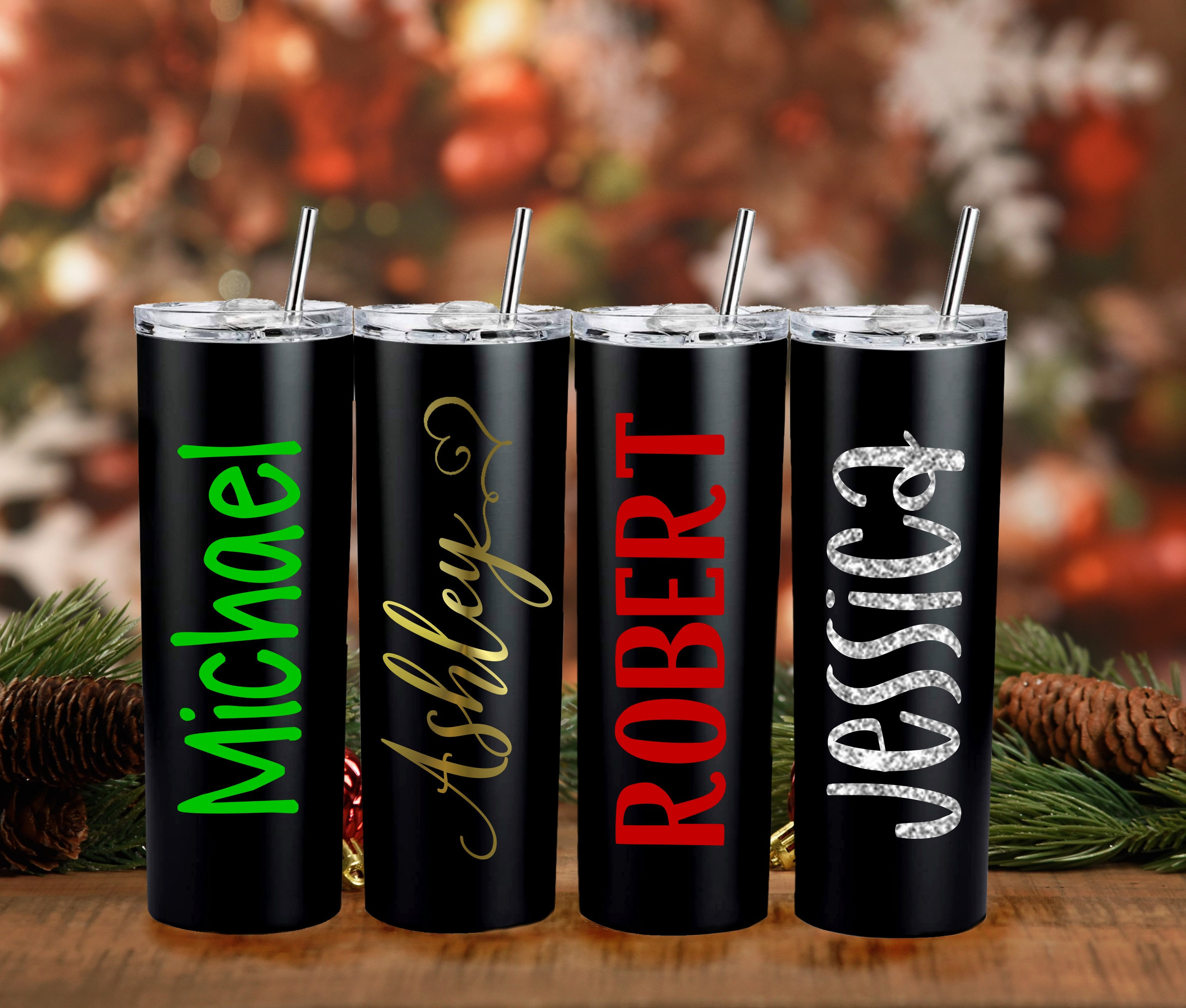 Personalized Stainless Steel Tumblers with Lid & Straw - Black