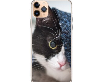 Adorable Hiding Tuxedo Cat iPhone Protective Phone Case | 7/8, Plus, SE, X/XS, XR, Max, 11, 12, 13, Mini, Pro, Pro Max | Cat Lovers Gift