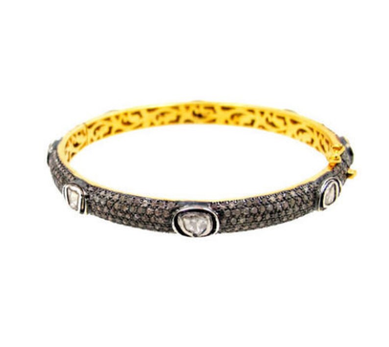 Victorian Polki Rose Cut Diamond Sterling Silver Designer Bangle Jewelry