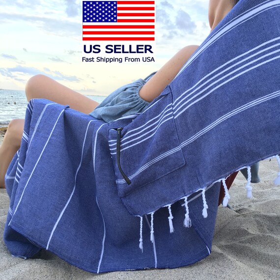 Turkish Beach Towel Wzipper Pocket Sand Free Nonallergenic 100 Cotton Lightweight Quick Dry Hand Face Towel Peshtemal Set Travel Design