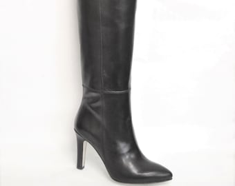Cuissardes pour femme en cuir nappa véritable noir, doublure en cuir, semelle en cuir, fabriquées en Italie, faites à la main