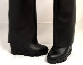 WOMEN'S BOOTS inverted BOOTS, real black calfskin, leather lining, tank sole with leather wedge, handcrafted made in Italy