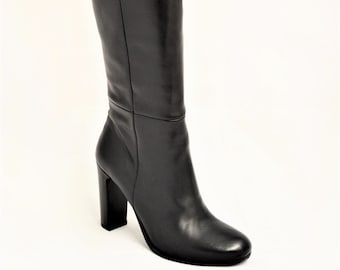 BOTTES FEMME cuir de veau véritable noir, doublure en cuir, semelle en cuir, fabriquées artisanalement en Italie