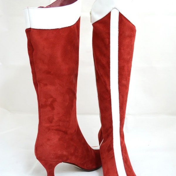 BOTTES FEMME Wonder Woman en cuir suédé véritable, couleur rouge, doublure en cuir, semelle en cuir, fabriquées en Italie, fabriquées à la main sur mesure