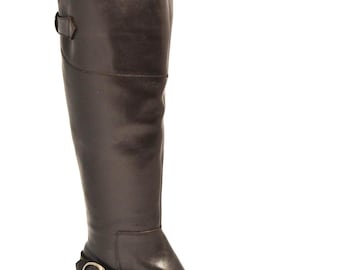 Bottes pour femmes, pliables, en cuir de veau noir véritable, doublure en cuir, semelle en cuir et caoutchouc, fabriquées à la main en Italie