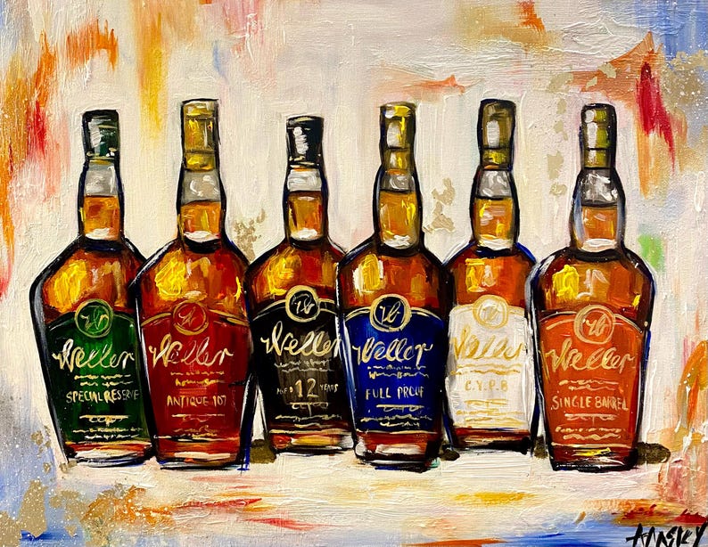 May include: A painting of six bottles of Weller bourbon whiskey. The bottles are arranged in a row from left to right. The bottles are all different varieties of Weller bourbon, including Special Reserve, Antique 107, 12 Year, Full Proof, C.Y.P.B., and Single Barrel.
